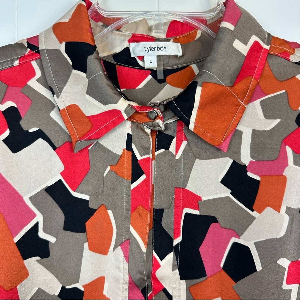 Tyler Boe 100% Silk Mod Print Colorful Snap Front Tunic Size L🔥🔥 - Picture 10 of 15